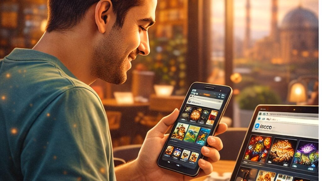 Pinco mobil kullanım için tarayıcıdan sorunsuz oyun deneyimini gösteren yatay görsel, akıllı telefon üzerinden oyun oynayan kullanıcı ve mobil arayüz